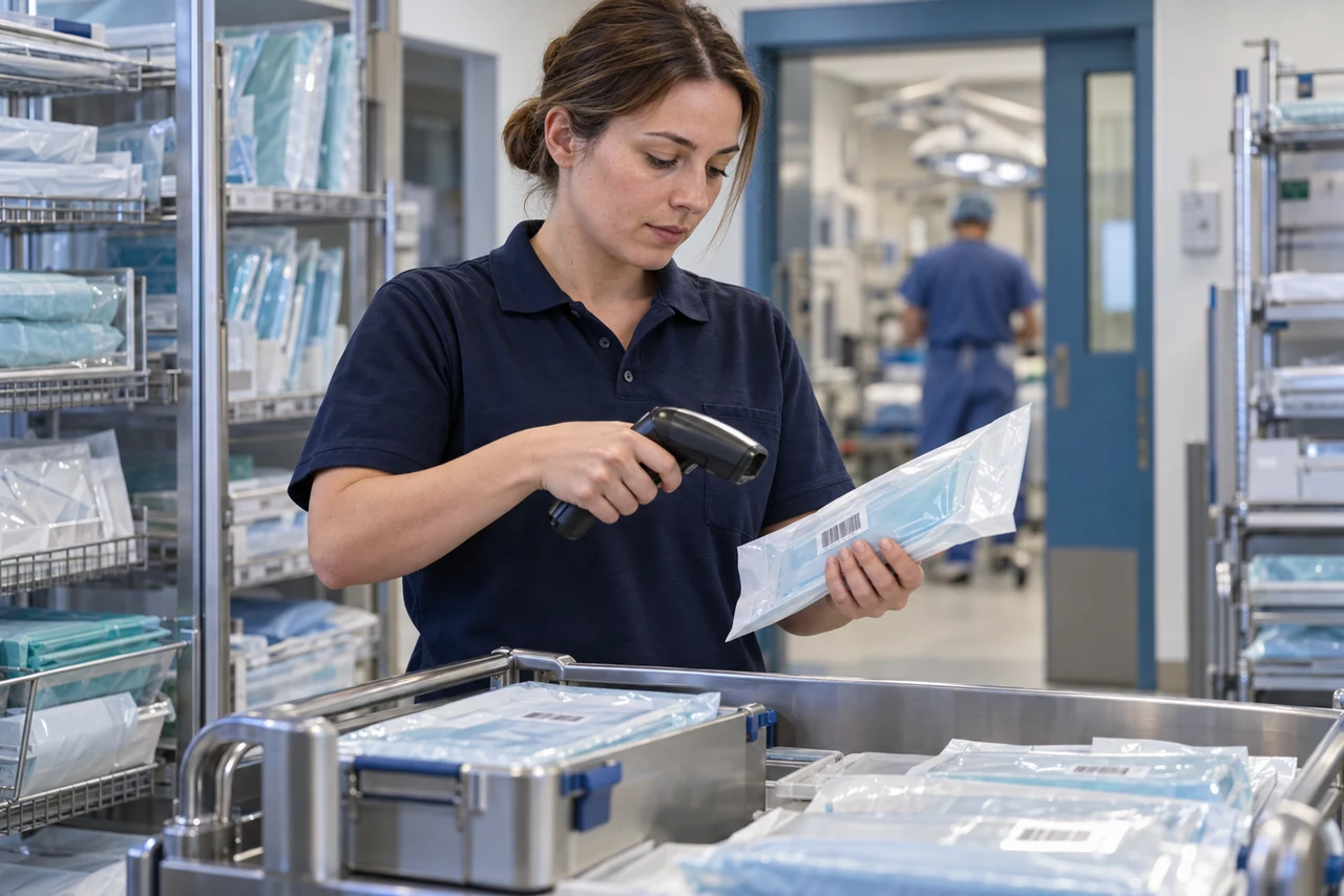 KI-Illustration: Eine Logistikmitarbeiterin scannt verpacktes Material für den Fallwagen.
